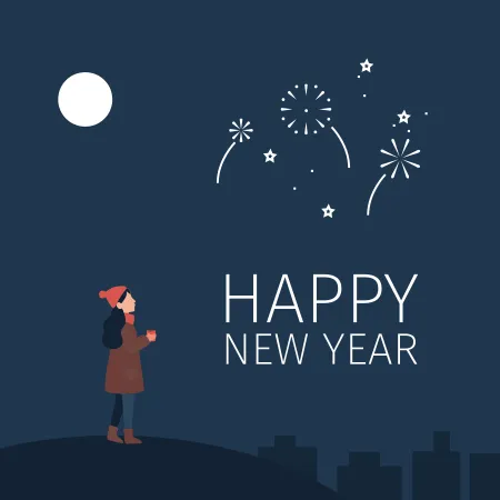 A night time scene of a person bundled up for winter holding a warm drink looking out into the distance on top of a large hill. The sky is has a full moon with fireworks.