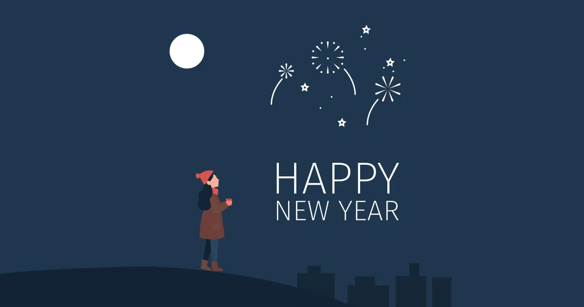 A night time scene of a person bundled up for winter holding a warm drink looking out into the distance on top of a large hill. The sky is has a full moon with fireworks.