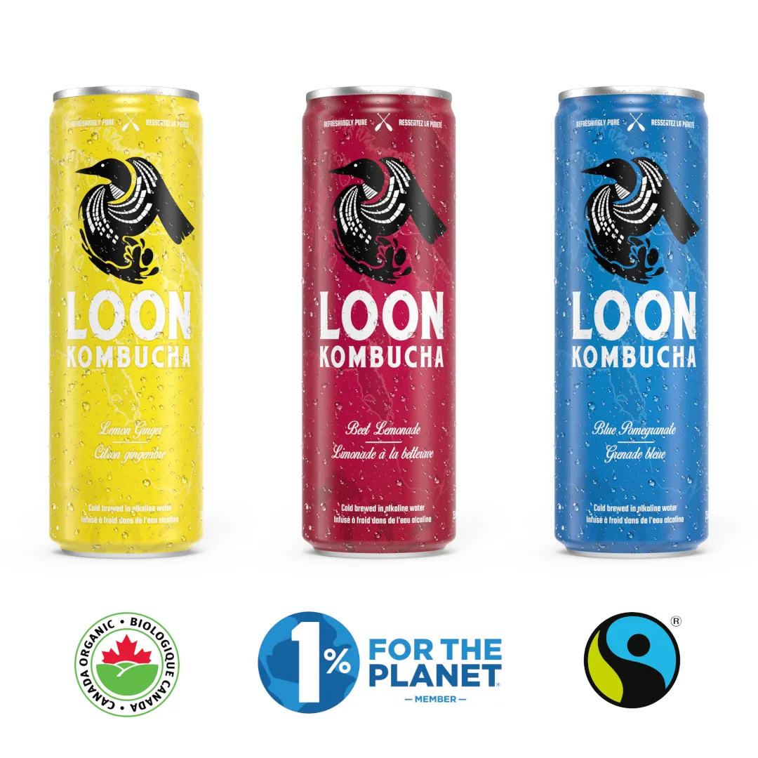 3 cans side by side with Beet Lemonade, Blue Pomegranate and Lemon Ginger flavours