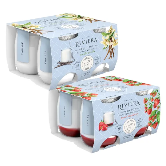 Two packs of Maison Riviera goat yogurt, four 120g glass jars per pack.