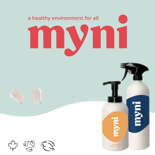 Myni logo with cleaning bottle, soap bottle and tablets