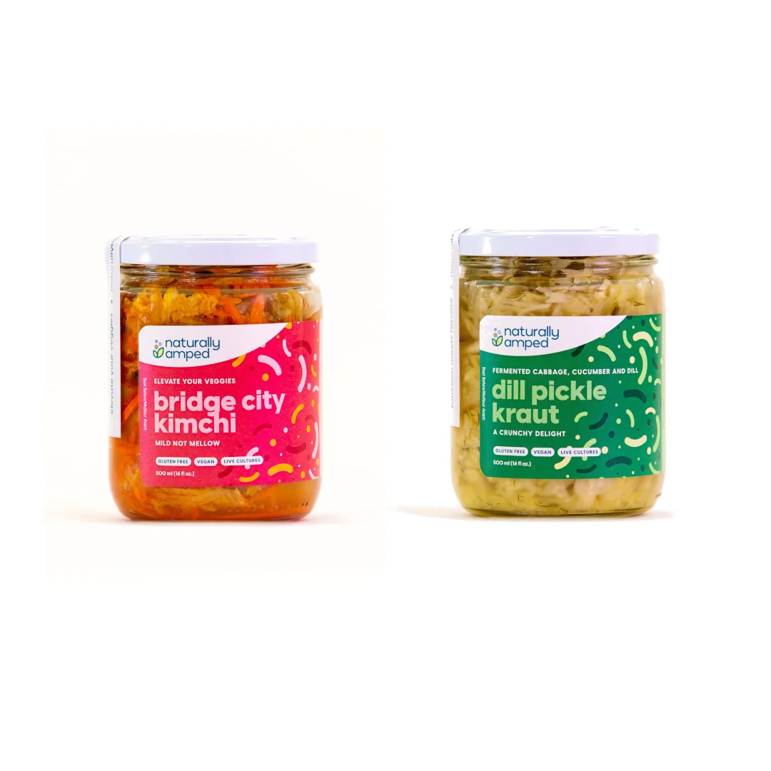 Naturally Ampled jars, one Bridge City Kimchi and one Dill Pickle Kraut