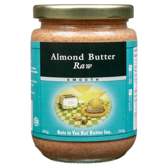 A jar of almond butter raw smooth with a cyan/black label.