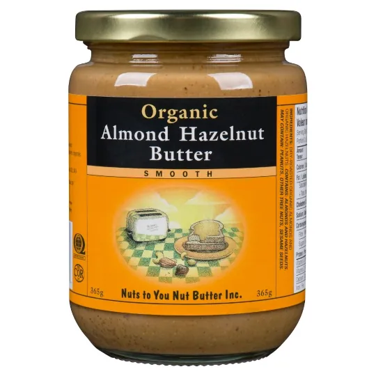 A jar of organic almond hazelnut butter smooth with a orange/black label.
