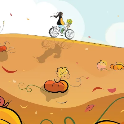 An illustration of a fall scene made up of rolling hills against a blue sky, and a person riding their bicycle while carrying fresh produce in the attached basket.