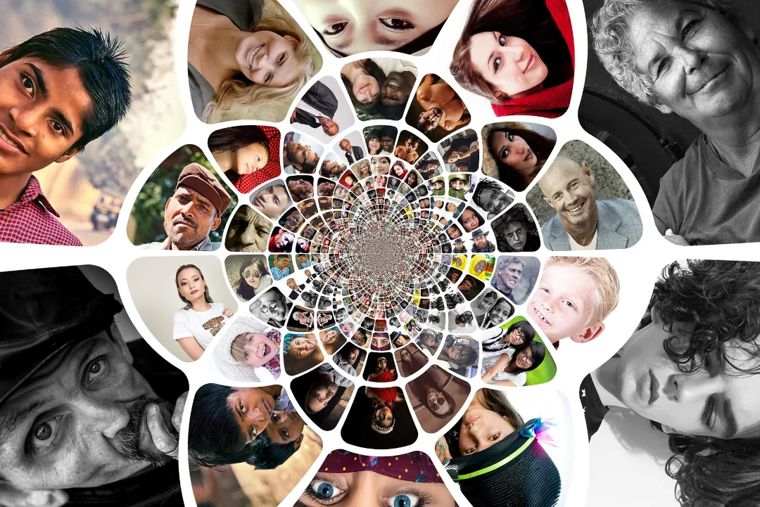 Collage of diverse people within the community shaped like a kaleidoscope