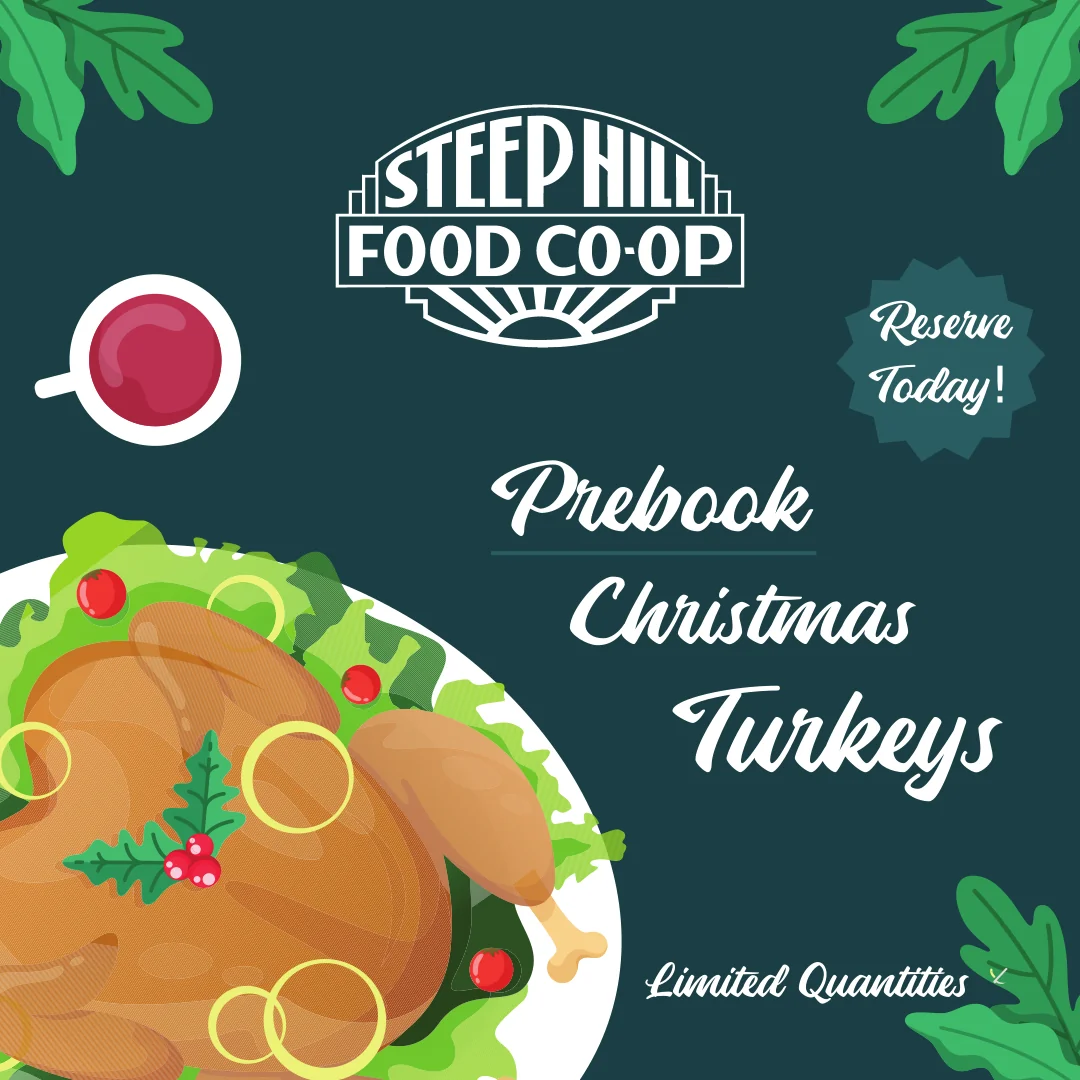 Illustration of a turkey on a platter with a Christmas drink on a dark green background with litter green leaves
