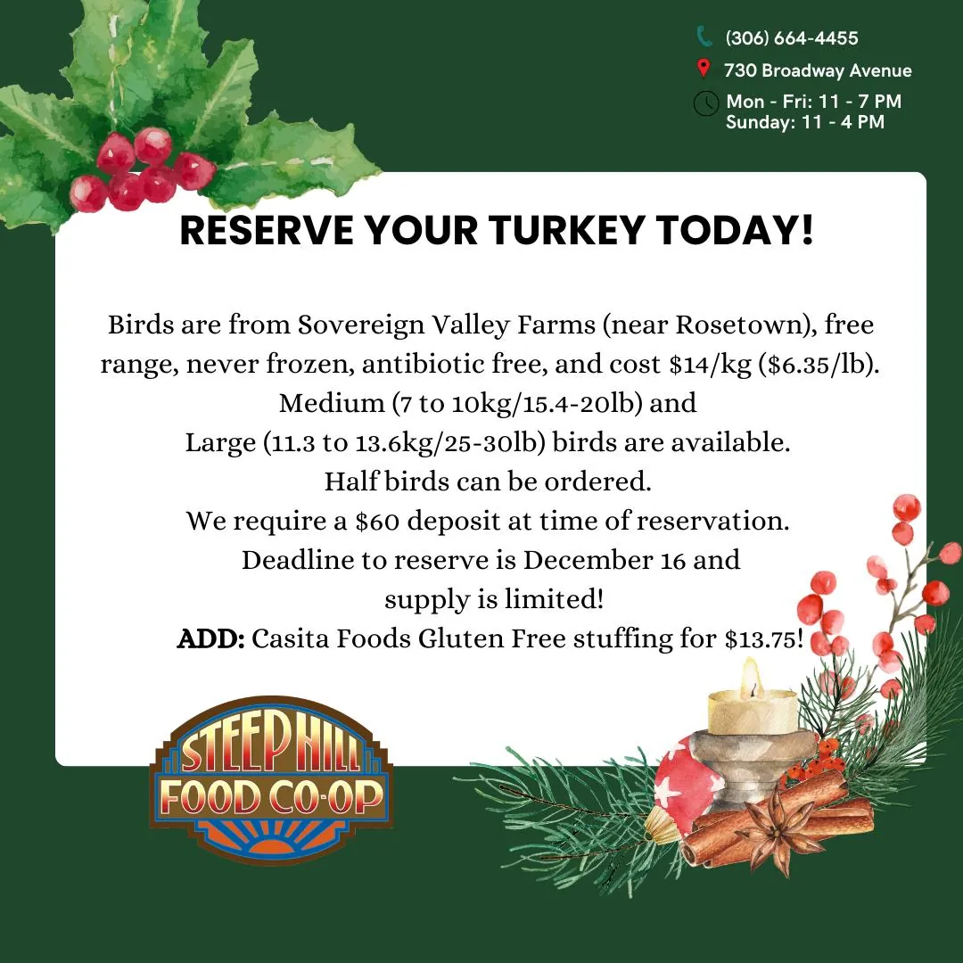 A green poster with festive decor along with Steep Hill logo and a bold title of 'Reserve Your Turkey Today!'