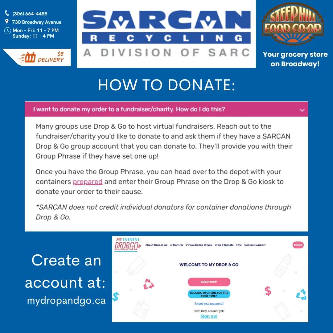 A SARCAN Recycling and Steep Hill poster answering the question of how to donate through My Drop & Go.