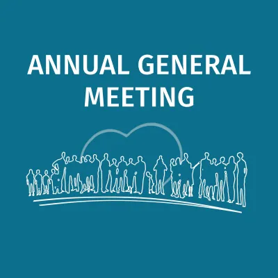 A bold white title of 'Annual General Meeting' stands prominent next to a large group of white outlined silhouettes against a cyan background. A strong stroke below the silhouettes provides emphasis on community.