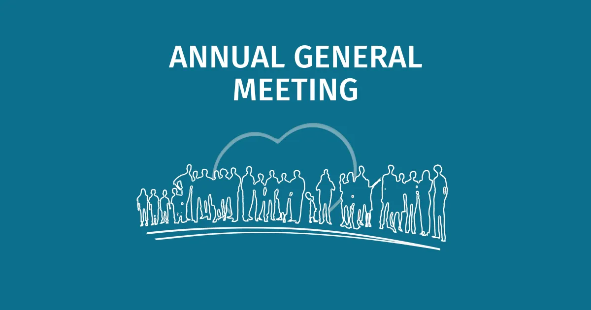 A bold white title of 'Annual General Meeting' stands prominent next to a large group of white outlined silhouettes against a cyan background. A strong stroke below the silhouettes provides emphasis on community.