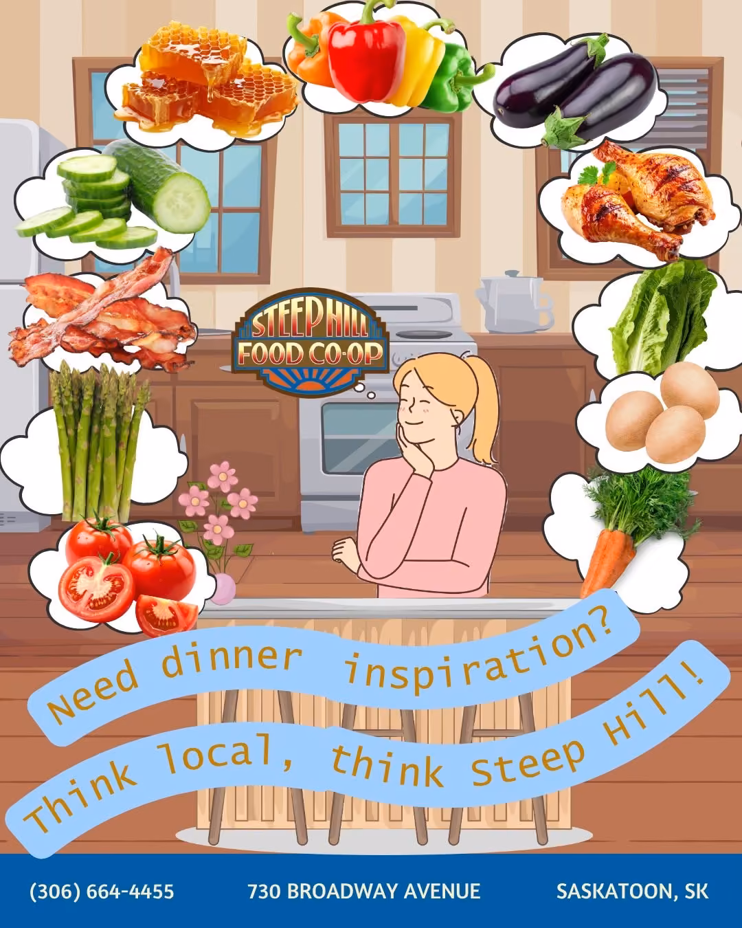 A woman stands in front of a counter island within a kitchen day dreaming about Steep Hill. Day dream clouds surround the woman with images of fresh foods. Text spreads across the face of the counter island of 'Need dinner inspiration? Think local, think Steep Hill!'