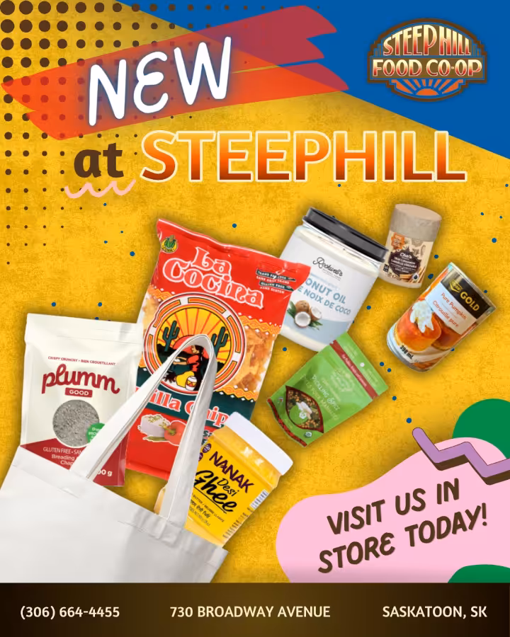 A colourful poster of a shopping bag spilling out new grocery items with a title above of 'New at Steep Hill' and 'Visit Us In Store Today!'.