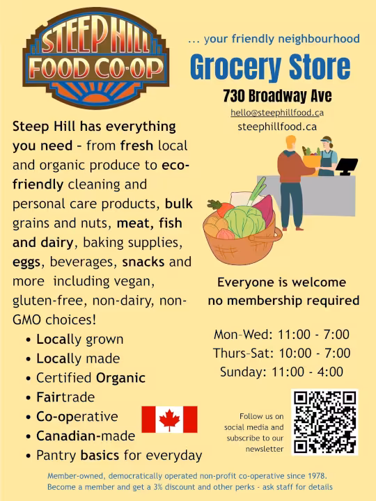 A poster advertising about the benefits of the Steep Hill Food Co-op that includes hours, location and informing that a membership is not required.