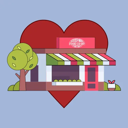 A cartoon illustration of a large red heart behind a small local grocery store building with a sign on the roof that reads, 'Steep Hill Food Co-op'.