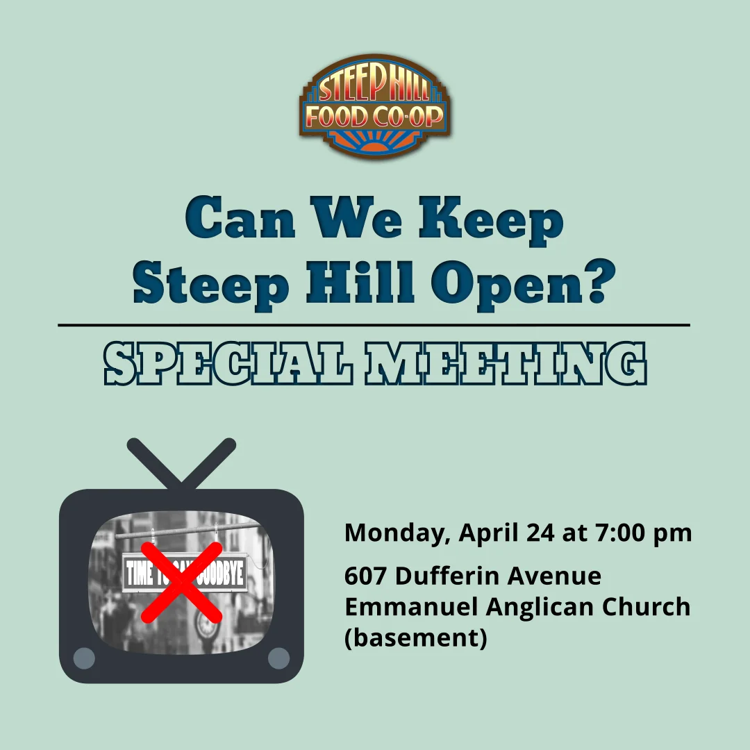 A bold message asks, Can We Keep Steep Hill Open? Special meeting details listed along with Steep Hill logo, and an old television with time to say goodbye crossed out in red.