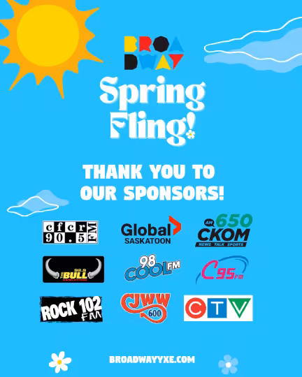 The Broadway Spring Fling 2026 poster of a partially cloudy blue sky with the sun visible along with a message of thanks to the sponsors. Next to the message displays the logos of each sponsor.