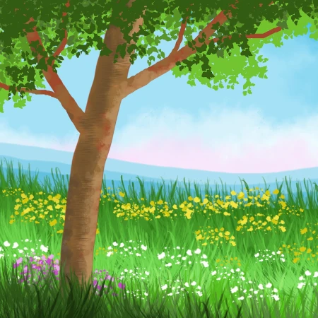 A perspective view looking out into a spring meadow of tall grass and flowers with a tree on the left and a cloudy blue sky in the distance.