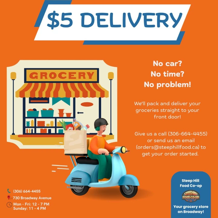 An advertisement about $5 delivery with contact details and a person on a scooter leaving Steep Hill grocery store to delivery goods to a customer.