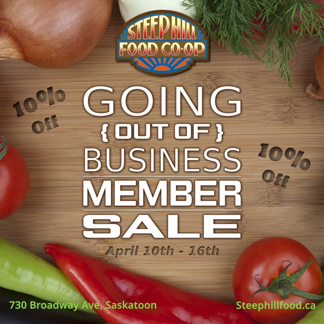 A cutting board with a variety of vegetables display and a Steep Hill logo with the message, Going out of business member sale.