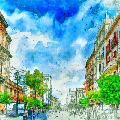 A colourful perspective view down a busy street full of activity that is framed by tall buildings on either side. The green trees pop out against the beautiful blue sky.