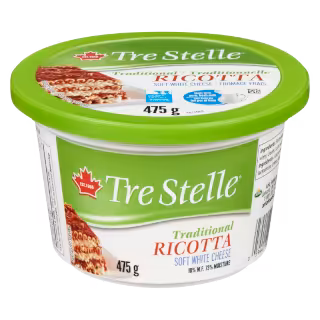 A white and green container of traditional soft white ricotta cheese.