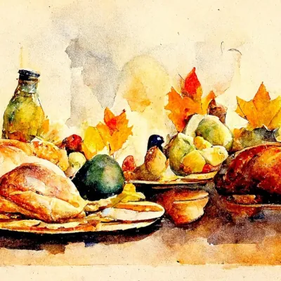 A watercolour fall styled illustration of a surface covered in food, leaves and two turkey roasts.