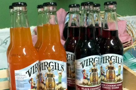 Multiple bottles of Virgil's soda on display