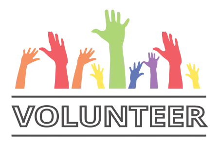 Group of illustrated multi-colored hands with text saying volunteer