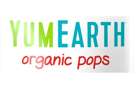 Text in green, cyan and red saying YumEarth organic pops