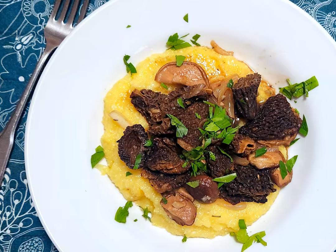 A large white plate sitting on table with a bed of polenta topped with mushrooms and parsley.
