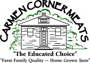 Carmen Corner Meats logo with the slogan, The Educated Choice, Farm Family Quality - Home Grown Taste
