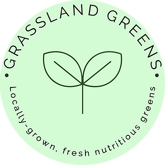 A green circle with a leaf stem having two leaves in the middle and text running along the inner edge that says, Grassland Greens, locally-grown, fresh nutritious greens.