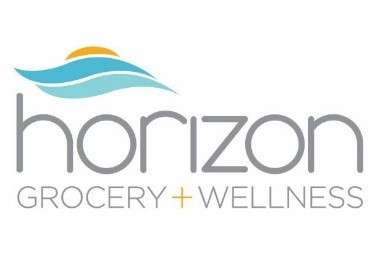 Horizon Distributors logo of two water waves against a yellow sun, Horizon Grocery + Wellness
